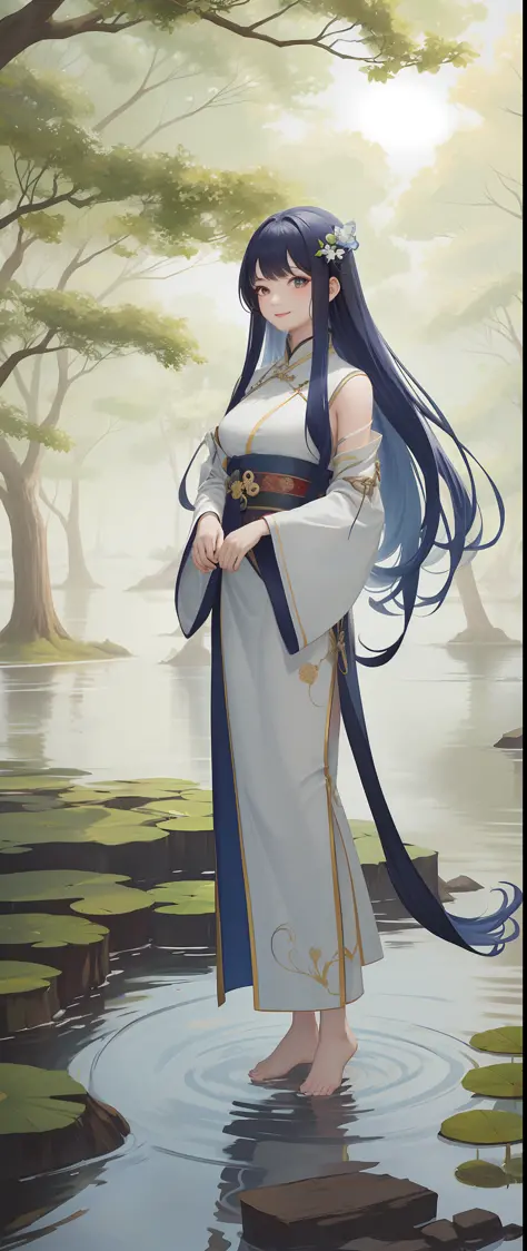((4K, Masterpiece, Best Quality)), Chinese painting, lotus, Hanfu, maxiskit, conservative dress, independent woman, long blue hair, smile, standing still by the water, barefoot lake, ancient trees, rabbit jumping.
