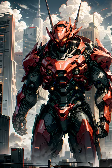 sky, cloud, holding weapon, no humans, glowing, demonic red robot, building, glowing eyes, science fiction, city, real, demonic black mech