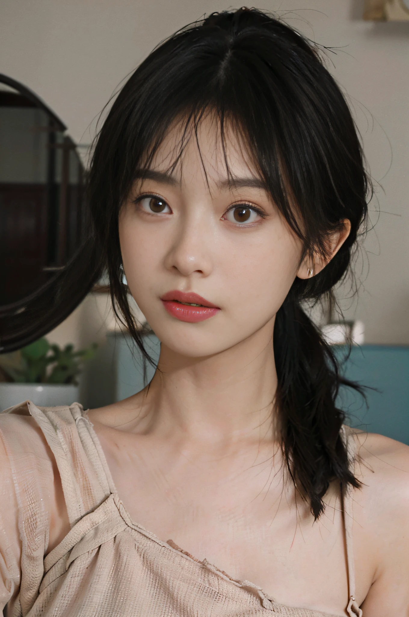 Temperament girl, delicate facial features, bangs, brown ponytail, messy hair, hair is very realistic, wearing a pink gauze slip dress, the background is a large painting, sea view, Du Qiong, exquisite makeup, light red lips, big eyes, double eyelids, black holes, bright eyes, symmetrical face, very real face, narrow waist, thighs, meticulously portrayed the girl's face, blush, super high appearance, looking at the audience, very realistic skin, skin oil reflection, artwork, clothes have a real fabric texture, Realistic painting, cinematic style, photography level, ray tracing, realistic light and shadow effects, realism, masterpiece, like the top photography effect, 8K, upper body