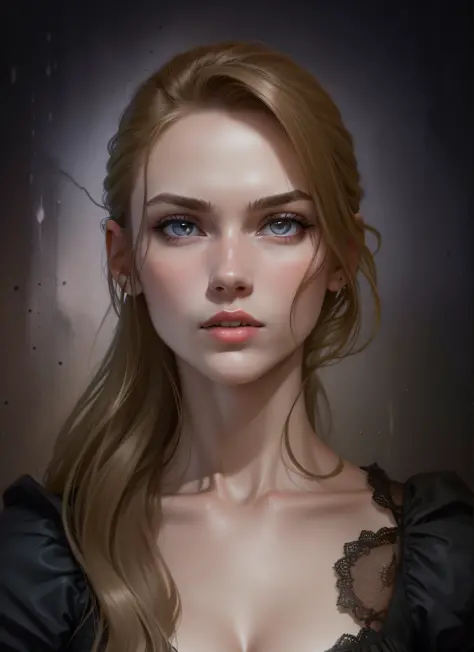 Tall, slender and has a strong body, with pale skin, dark brown hair and blue-gray eyes, lots of detail, there is a girl in a black forest, wearing cut dress, theme of feeric, 25 years, black tank top, image up to the waist, striking face, lower lips large...