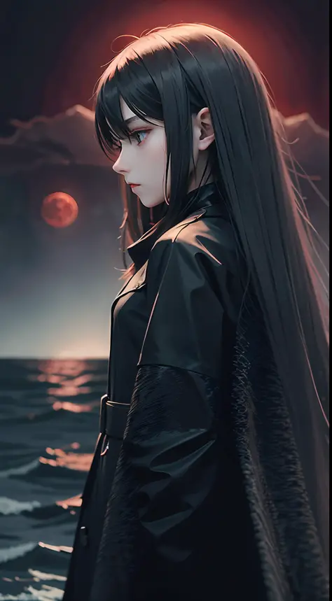 Girl, long hair, black coat, standing, behind the pitch black sea, blood moon (sketch: 1.2), anime key visuals, fog, evil, Bauhaus art, dramatic lights, mystery