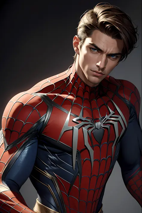 masterpiece, best quality, 1man beautiful, tall and muscular face, broad shoulders, finely detailed eyes and detailed face, extremely detailed CG unit wallpaper, intricate details, short hair, using spider man costume,, 8k, wallpaper, official art, ultra d...