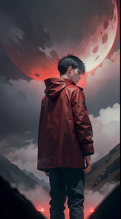 Boy, short hair, red coat, standing, behind him is black mountains, red moon, sketch, anime key visuals, fog, evil, Bauhaus art, dramatic lights, mystery
