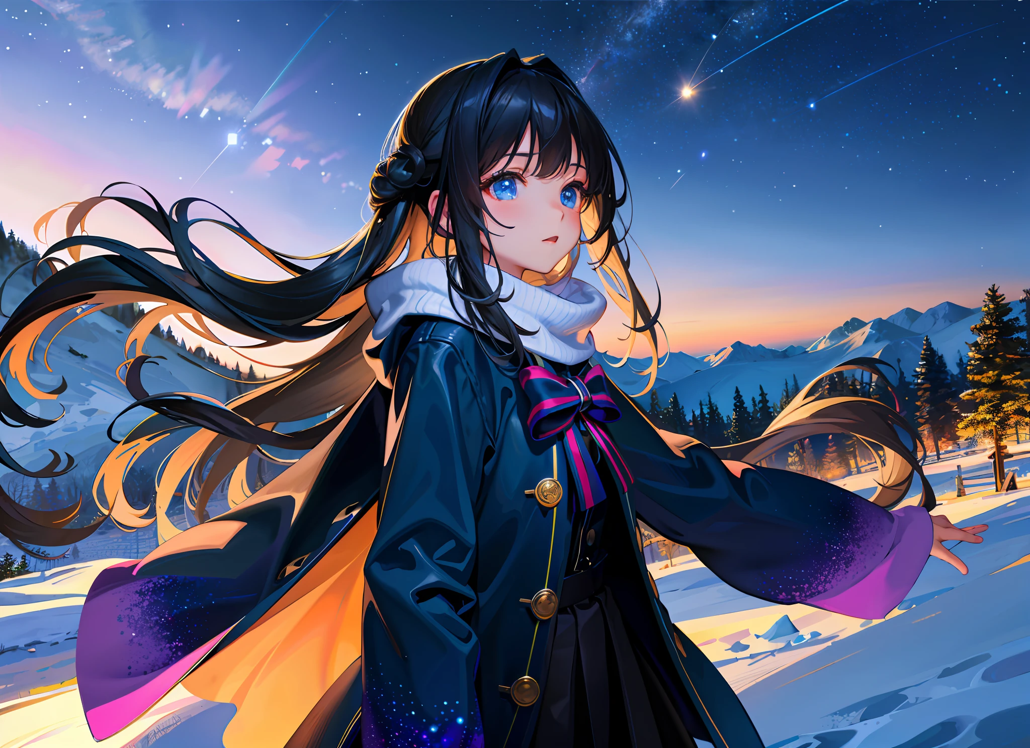 best quality, masterpiece, winter, from side, wind snow effect, starry sky, focus sky, detailed reflex, night, cinematic lighting, caustics, (wide shot:1.1), detailed cute silhouette girl, dirt road, overlook,