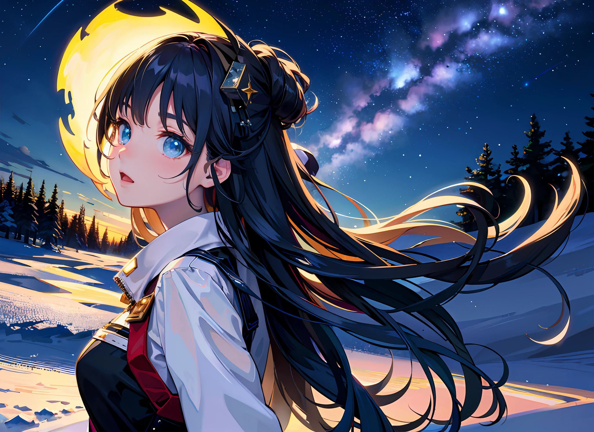 best quality, masterpiece, winter, from side, wind snow effect, starry sky, focus sky, detailed reflex, night, cinematic lighting, caustics, (wide shot:1.1), detailed cute silhouette girl, dirt road, overlook,