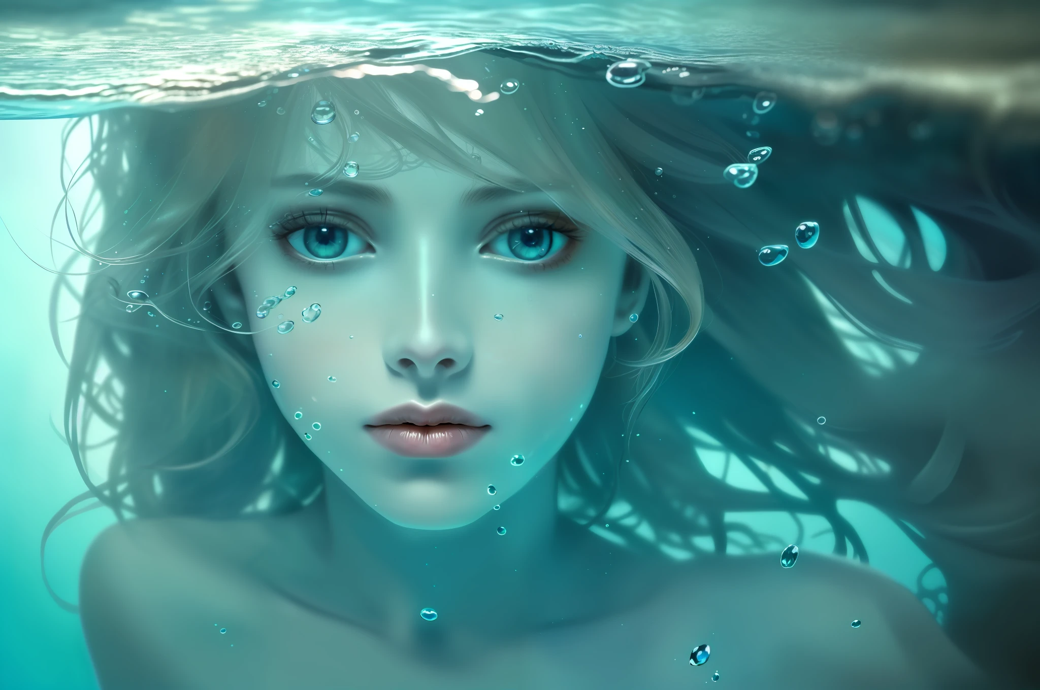 Masterpiece, realistic photo, face portrait of young 1 female, underwater swimming, nude photos, bare shoulders, beautiful detailed face, ((natural detailed hair movement underwater)), bubbles, vibrant, realistic, dramatic, clear focus, 8k