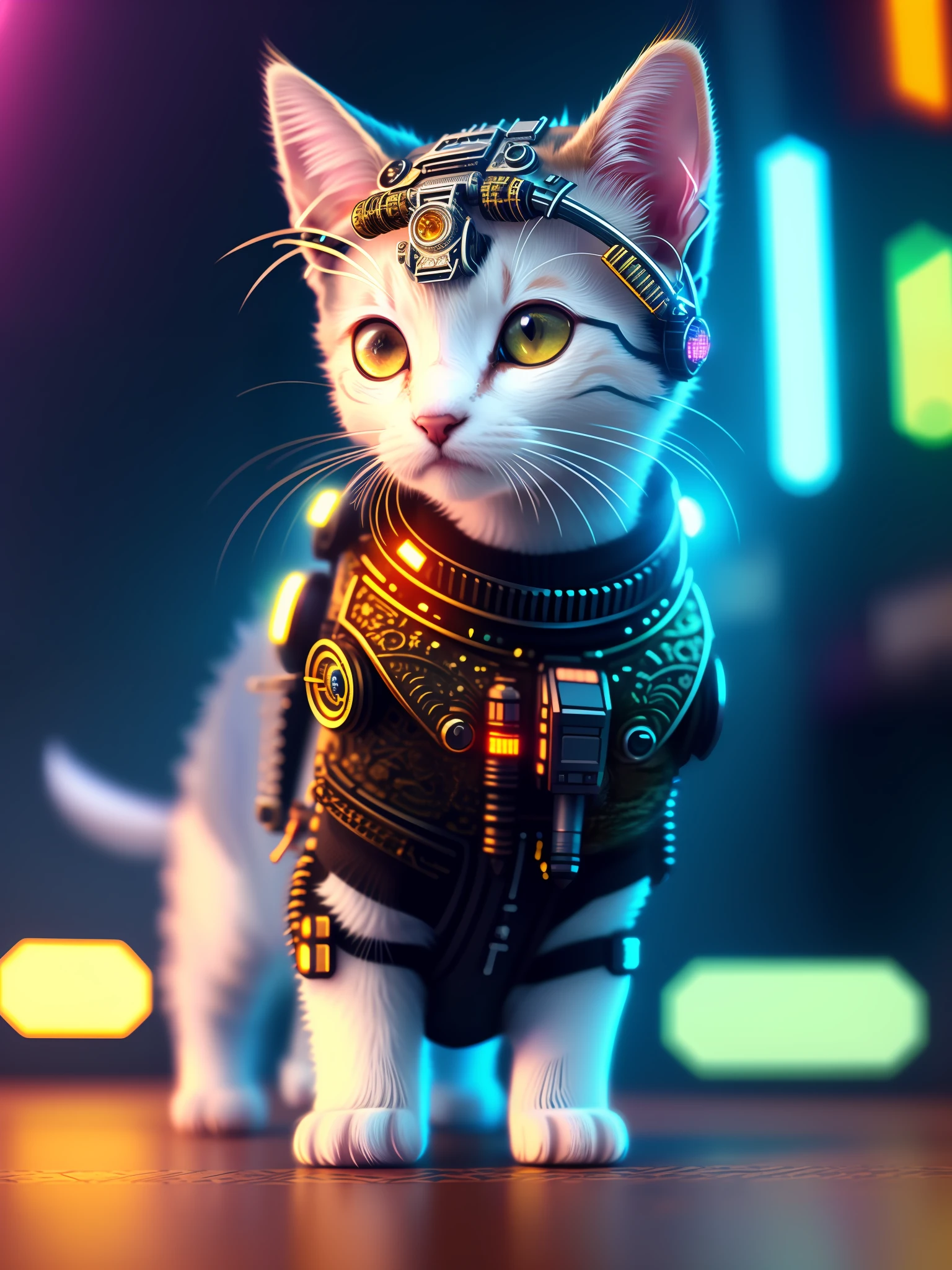 a cute kitten, curious++, cyborg+, cyberpunk style, (intricate details)++, hdr, (intricate details)+, (hyperdetailed)+, cinematic shot, vignette