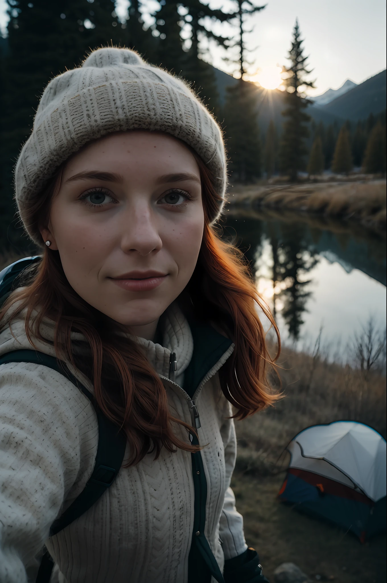 1 redhaired woman((upper body selfie, happy)), masterpiece, best quality, ultra-detailed,  solo, outdoors, (night), mountains, nature, (stars, moon)   cheerful, happy, backpack, sleeping bag, camping stove, water bottle, mountain boots, gloves, sweater, hat, flashlight, forest, rocks, river, wood, smoke, shadows, contrast, clear sky,
analog style (look at viewer:1.2)  (skin texture)
(film grain:1.3), (warm hue, warm tone)