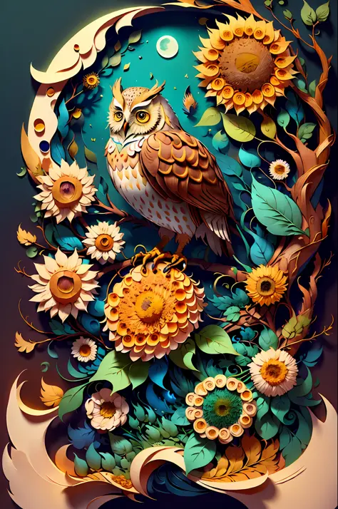 (((masterpiece))),bestquality,illustration,beautifuldetailedglow,
paper_cut, big owl, tree, moon, sunflowers, tree leaves