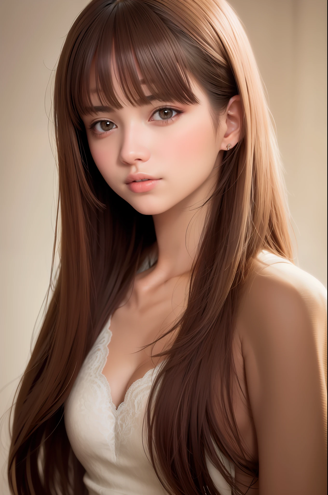 A woman with long brown hair and a white top - SeaArt AI