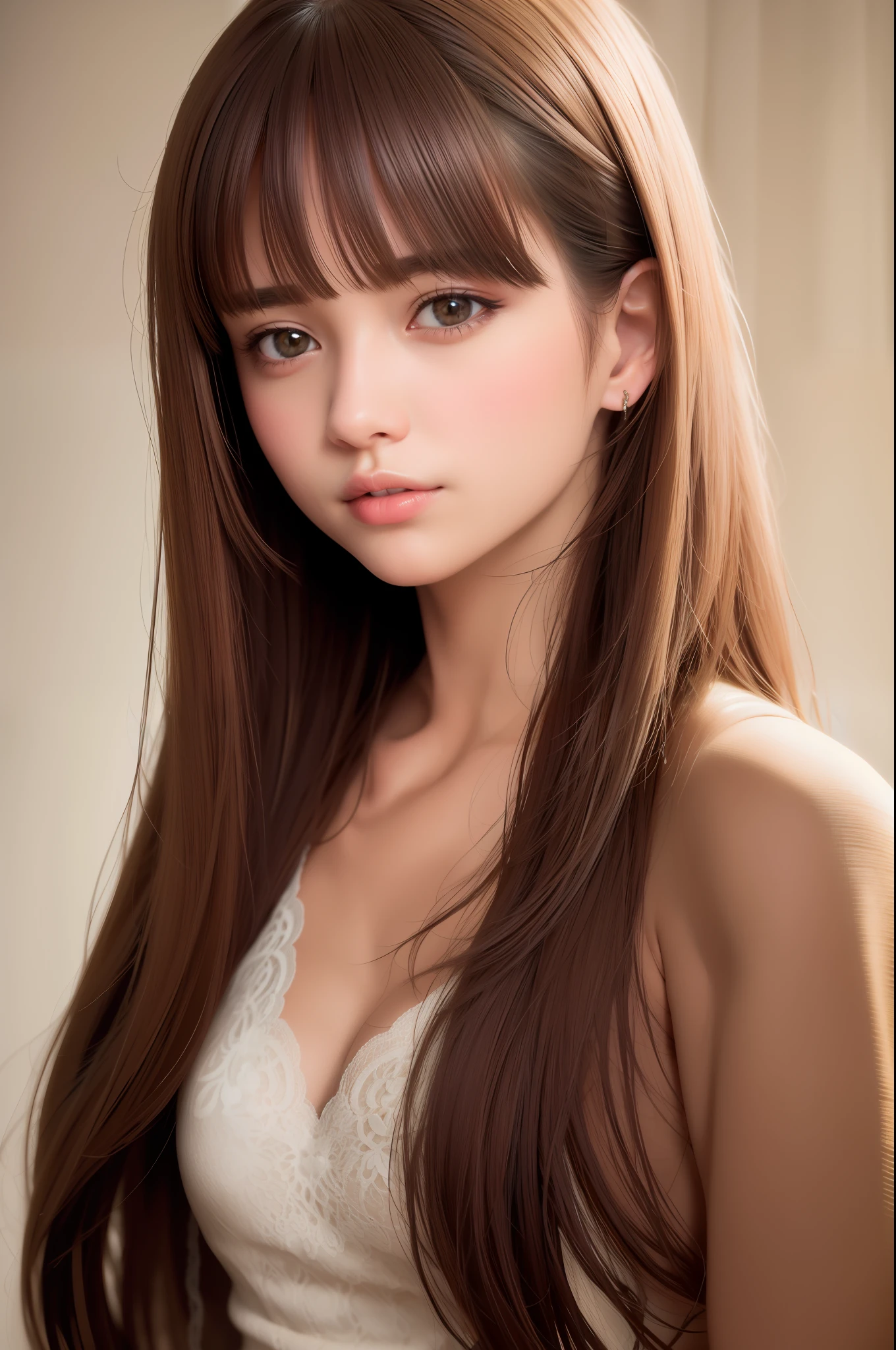 A woman with long brown hair and bangs posing for a picture - SeaArt AI