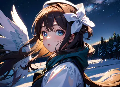 best quality, masterpiece, kat, winter, from side, wind snow effect, (starry sky:1.1), focus sky, detailed reflex, night, cinematic lighting, caustics, (wide shot:1.1), detailed cute silhouette girl, dirt road, overlook,