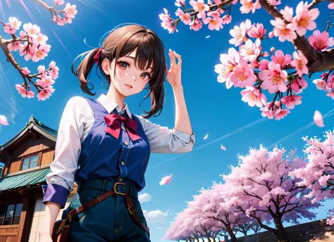 best quality, masterpiece, kat, wind sakura effect, blue sky, focus sky, detailed reflex, cherry blossoms, cinematic lighting, c...