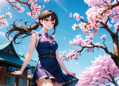 best quality, masterpiece, kat, wind sakura effect, blue sky, focus sky, detailed reflex, cherry blossoms, cinematic lighting, c...