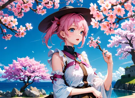 best quality, masterpiece, kat, wind sakura effect, blue sky, focus sky, detailed reflex, cherry blossoms, cinematic lighting, c...