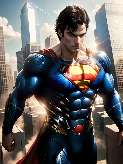 (best quality, masterpiece, high resolution) superman(Henry Cavil) flying,(flying over),(daily planet building), amazing view,(dramatic effect of sunlight), dynamic angle and pose, (cityscape below), blue sky, white clouds, (wide shot), (Volumetric light o...