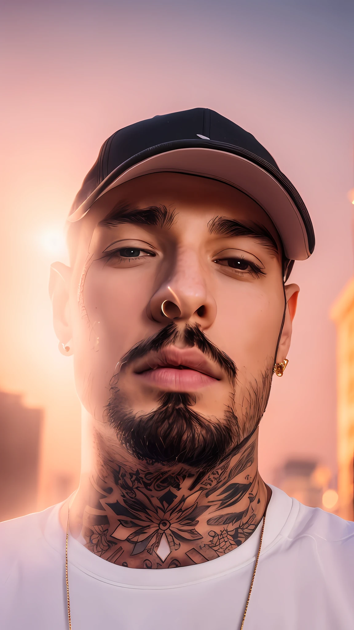 man with a white cap and a black t-shirt, man 2, smooth face without imperfections, neck tattooed with mandala, mandala tattoo, gold earring, gold chain, half pink mouth, medium lips, half open eyes, goatee, hyperrealism, detailed realistic face, ultra realistic face, 8k uhd, (street aesthetic photography), moody, cinematic, (urban setting), (sunset lighting),  (depth of field), (film grain), (low saturation), --seed, detailed portrait, shaded cell, 8k, sharp focus, volumetric lighting, cinematic lighting, studio quality