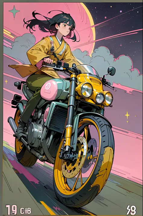 (masterpiece), (best quality), (best detail), (distant general view), (postage stamp),(main color of illustration: pastel pink), (secondary color: mustard yellow), a Japanese motorcycle from the 90' driven by a woman with challenging stance, highly detaile...