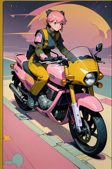 (masterpiece), (best quality), (best detail), (distant general view), (postage stamp),(main color of illustration: pastel pink), (secondary color: mustard yellow), a Japanese motorcycle from the 90's, driven by a woman with challenging stance, highly detai...