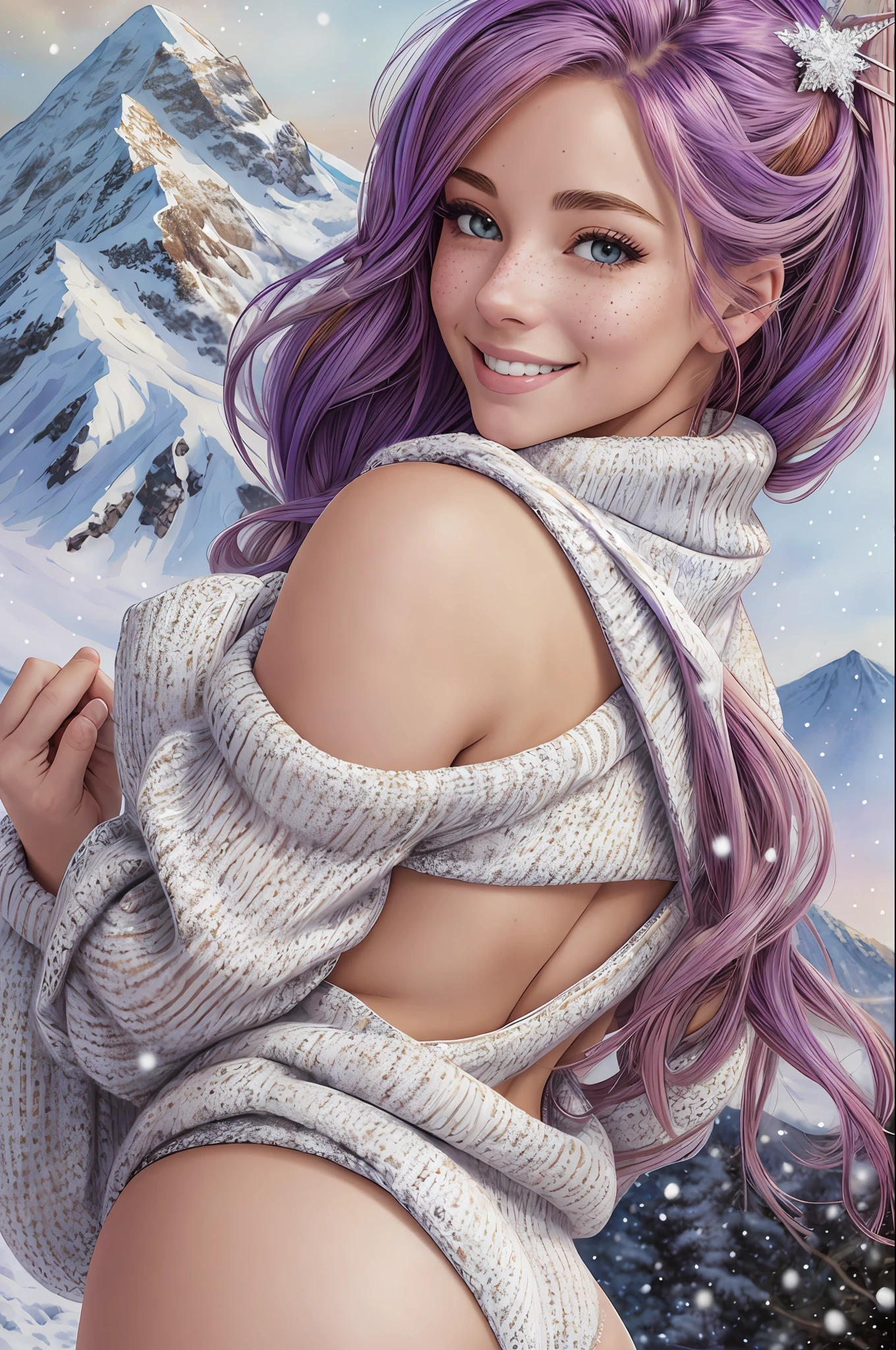 leggings, sweater, ass focus, stunning intricate full color portrait, epic character composition, close-up portrait of beautiful smiling woman with freckles, snow-covered mountain, medium ass, anime absurdres illustration, drawing, (lineart:0.6) --s2