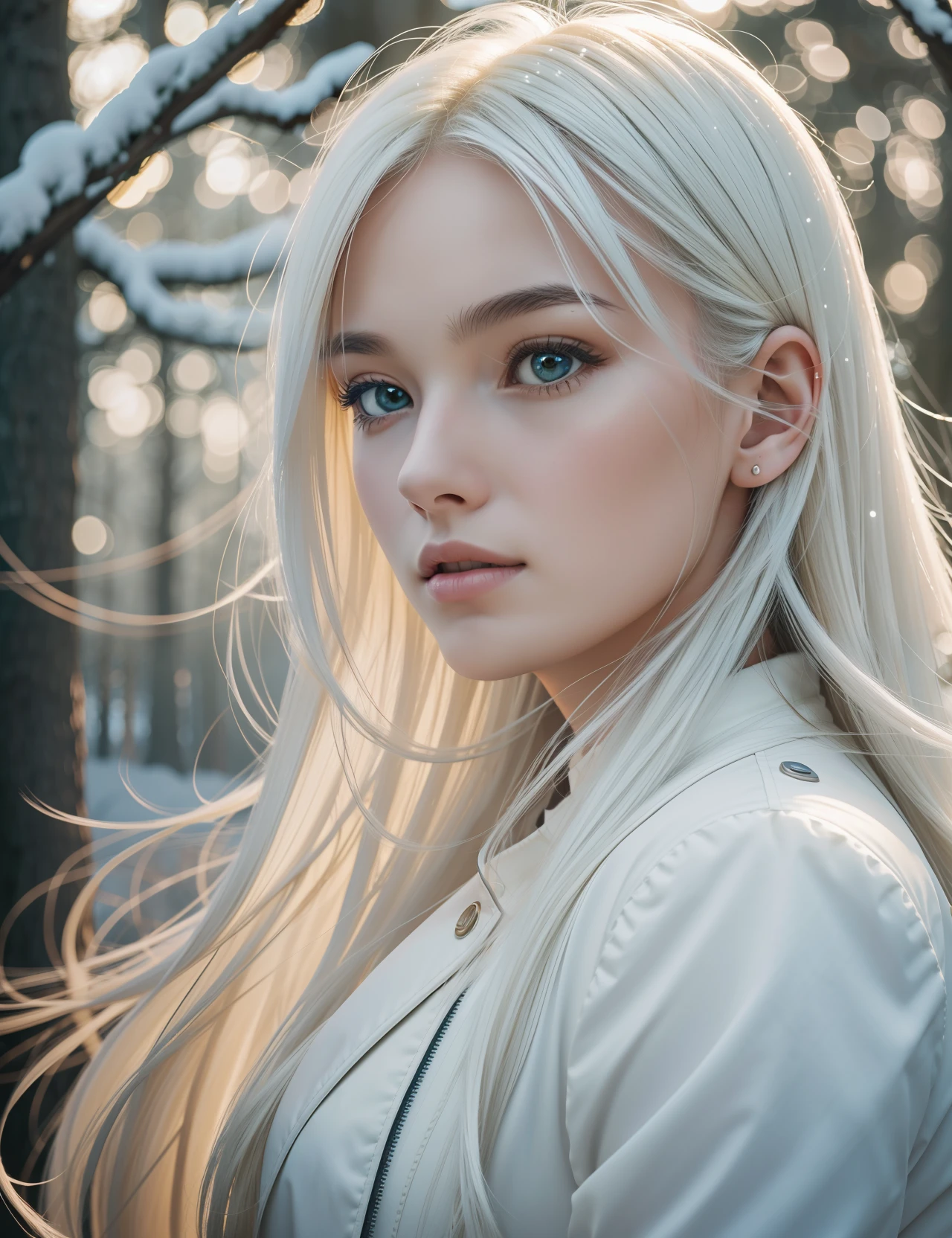 as per images,(women 19 year old ), middle hair, yellow hair, RAW photo, (high detailed skin:1.2), 8k uhd, dslr, soft lighting, high quality, film grain, Fujifilm XT3, modelshoot style, (extremely detailed CG unity 8k wallpaper), masterpiece, highres, shallow depth of field, Sharp focus, hdr, 8k, Cannon EOS 5D Mark III, 85mm, Cinematic, symmetry, Amazing photography ,dynamic compositon, full body photo, De-Noise, f 5.6 , 85mm, CineStill 800T, film photo, flowing , realistic portrait, skin texture, soft natural lighting, intimate composition, Cinestill 800T, modelshoot style, (8k wallpaper), perfect, masterpiece, highres, absurdres,broad light, Sharp focus, natural lighting, masterpiece, 4K, best quality, masterpiece, White hair,detailed, red eyes, windy, floating hair, snowy, upper body, detailed face, winter, trees, sunshine