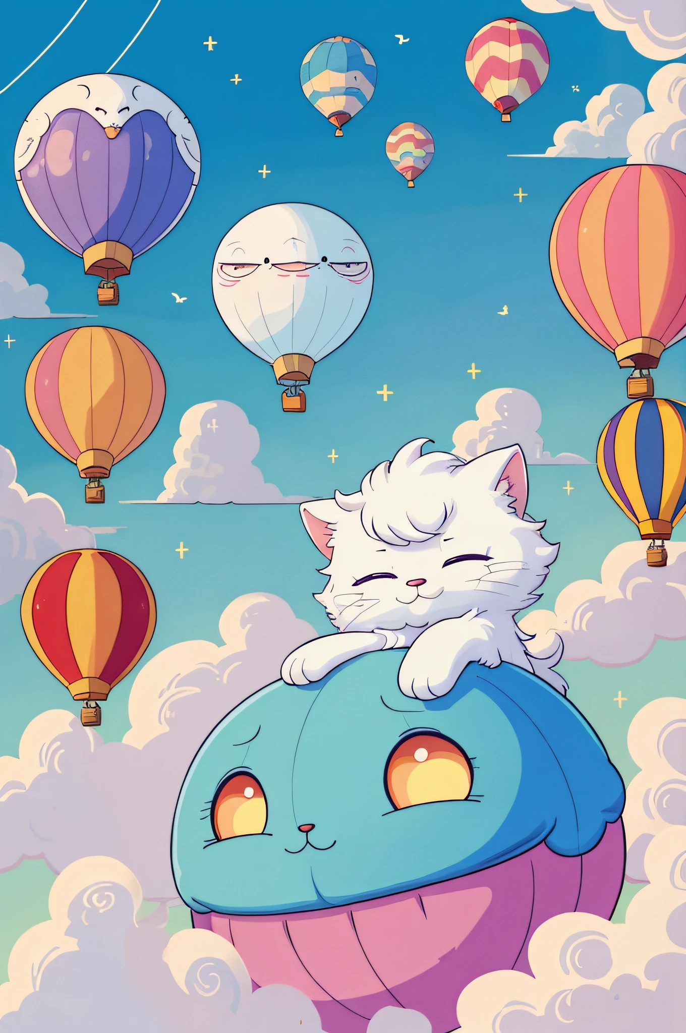 (Whiskers on a fluffy cloud), (blue sky), (cotton candy clouds), (colorful hot air balloons), (Whiskers taking a nap), (birds flying alongside), (twinkling stars), (peaceful moon), (Whiskers dreaming of more adventures), (soft and cozy atmosphere), (dreamy expressions), (Whiskers' paws curled up).