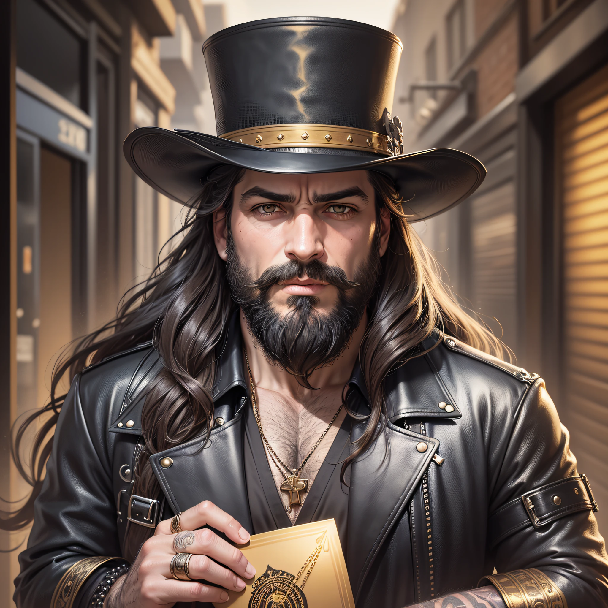 Highly realistic portrait of Rockstar, rocker, man with big beard, with 35 years, long hair, he wears a black top hat that partially covers his face, totally black and leather clothing, the man holds a bright letter (the card has a golden glow) between his fingers, (setting) he is in a dark environment, in an alley of a busy city,  8k, hyper realistic --auto --s2