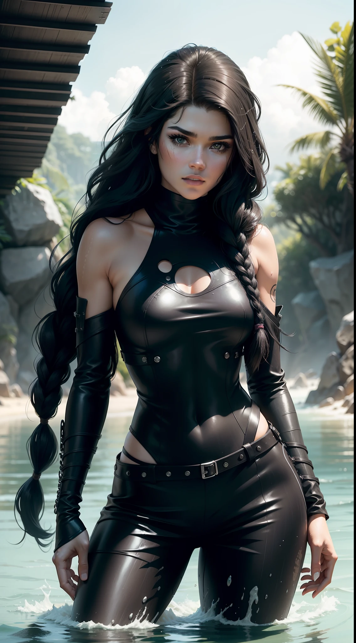 Solo, Octavia Blake (Marie Avgeropoulos, long black hair with braids on top, eyeliner, makeup, shine), onepiece leather armor, shoulders showing, swimming on a beach on the edge of the jungle, wet, wet hair, splashes of water, depth of field, night