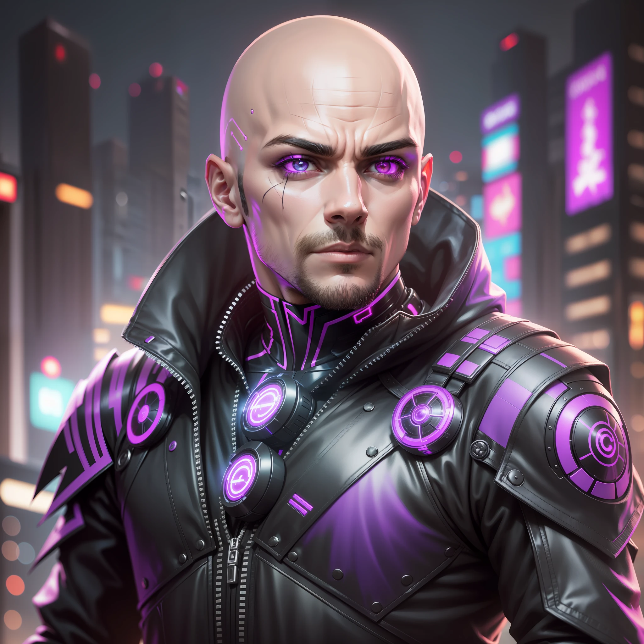 "(black and purple cyberpunk jacket:1) dark theme :: focus on closeup face, cute superhero face, ultra realistic futuristic cyberpunk muscular bald male in front of futuristic building :: cool cybernetic punk jacket neon red eyes :: with metallic black shirt :: natural lighting :: bokeh :: 8k :: best quality :: masterpiece :: insanely detailed:1.5"