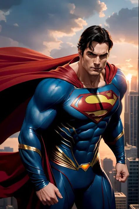 A highly realistic depiction of Superman, the iconic superhero, is showcased in this image. The focus is on Superman's muscular physique, defined facial features, and confident expression. His vibrant blue suit clings tightly to his body, emphasizing his s...