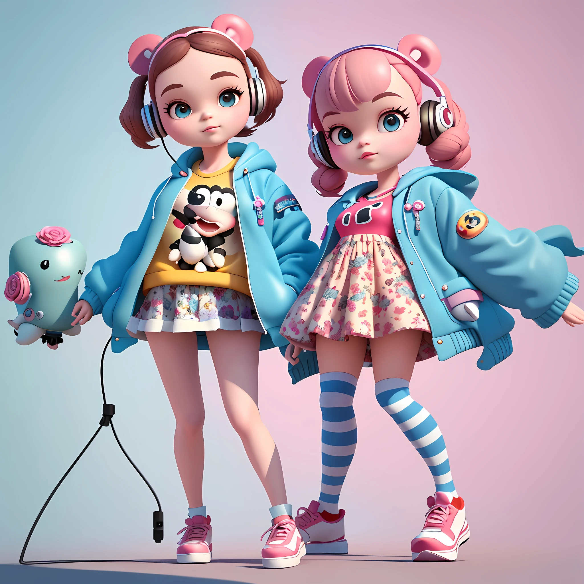 Two anime dolls are standing next to each other with headphones on - SeaArt  AI