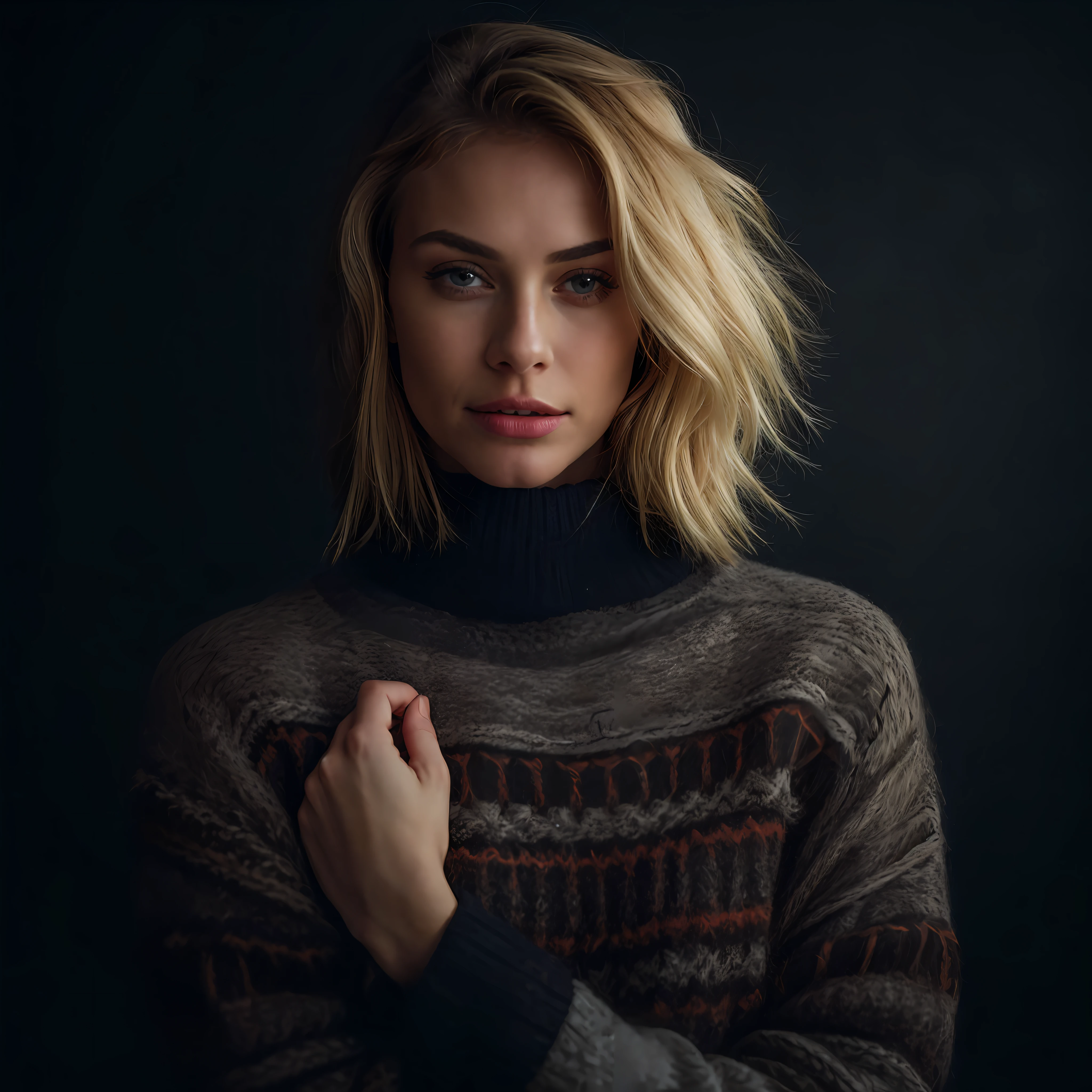 Portrait of a model woman with blond hair in a warm designer sweater, in the style of branded clothing, With the sweater in full view, Panasonic GH5, happy expressions, low key image, sharp texture - Image #2 @SlengSleng
