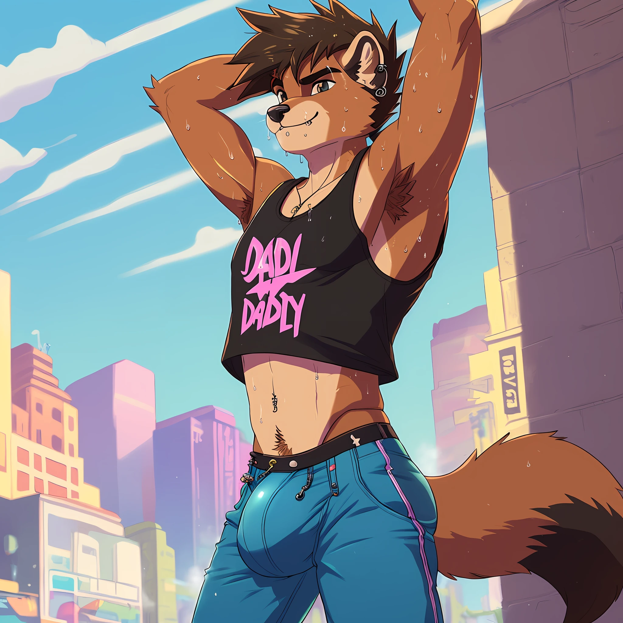 anthro, male, 1boy, solo focus, marten, skater punk, day, dim, detailed eyes, detailed clothes, thin, sleeveless top, sweaty armpits, raised arms, bare chest, fit, tall, extreme pants bulge, ((huge bulge)), daddy, ((sweat)), ((musk)), detailed nipple piercings, masterpiece