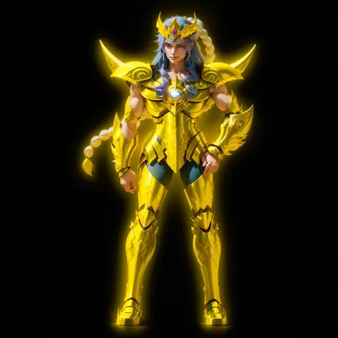 A cartoon image of an androgynous man with long hair and a head with tiara, portrait Scorpion Knights of the Zodiac, Saint Seiya, Knights of the Zodiac Girl, real and menacing vision, Realist, 4k, 8k, refined art, unreal engine render Saint Seiya, ((blue h...