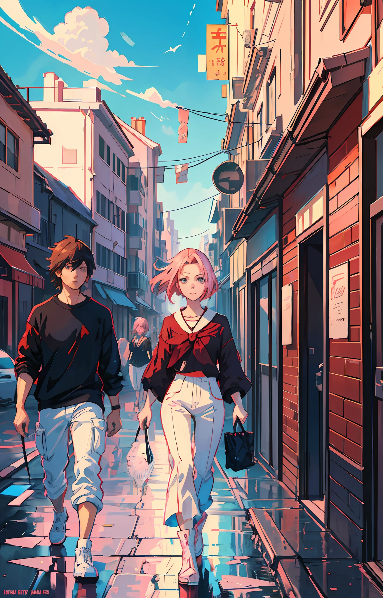 Sakura haruno, seductive, ((forehead the show)), attractive, wearing a red blouse with white sleeves, white pants, and black boot, red bandana, pink hair, delicate, young, short hair, detailed face, in a village, full body, looking at the viewer, bandana on the head, trend in art by rhads, andreas rocha, rossdraws, makoto shinkai, laurie greasley, lois van baarle,  Ilya Kuvshinov and Greg Rutkowski