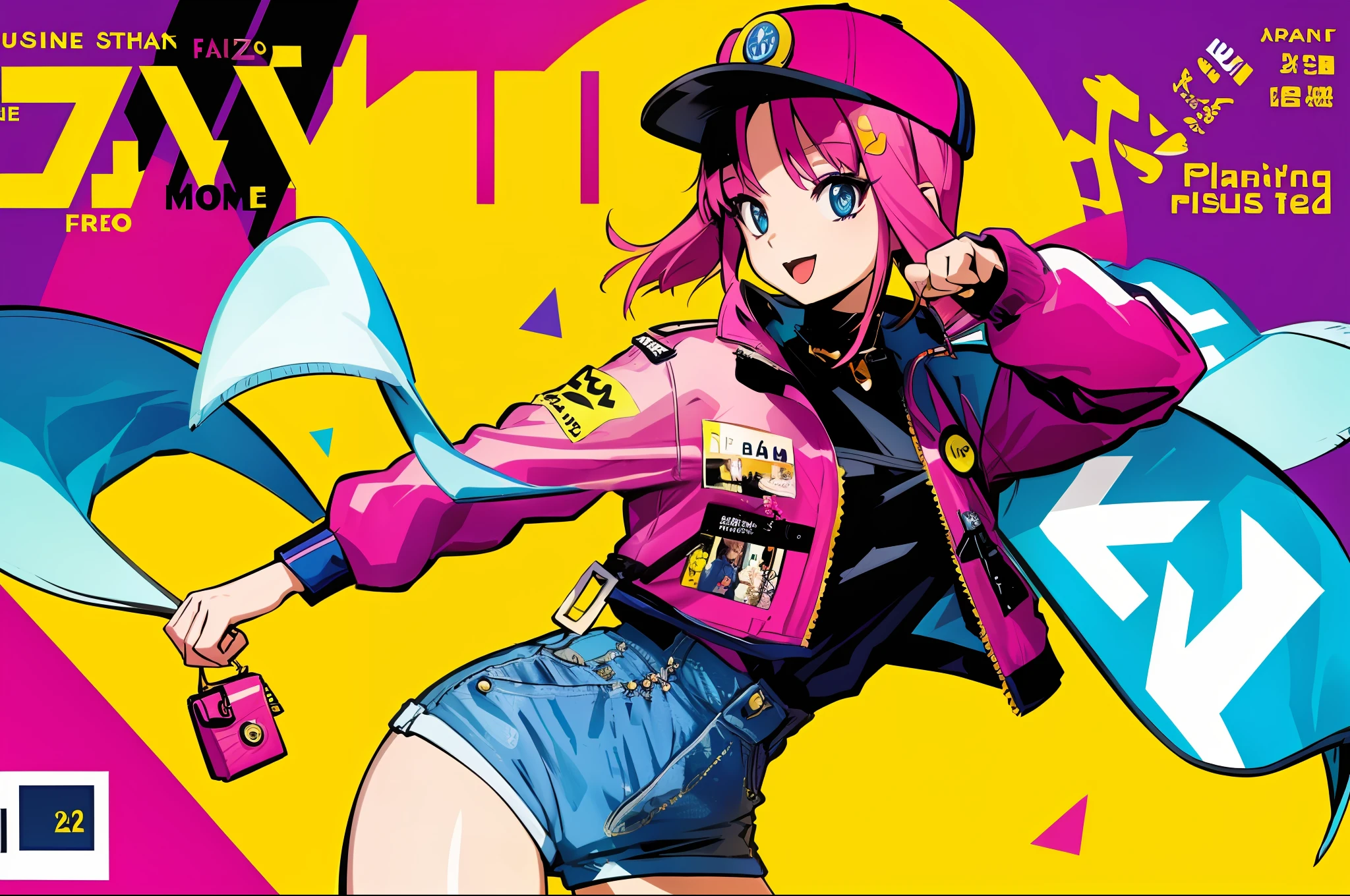 1girl, sfw, cap, shorts, jacket, (Magazine cover-style illustration of a fashionable woman in vibrant outfit posing in front of a colorful and dynamic background. She has a confident expression and is striking a pose. The text on the cover should be bold and attention-grabbing, with the title of the magazine and a catchy headline. The overall style should be modern and trendy, with a focus on fashion and lifestyle), wallpaper, crowds, fashion, contrapposto, female focus, model, cool