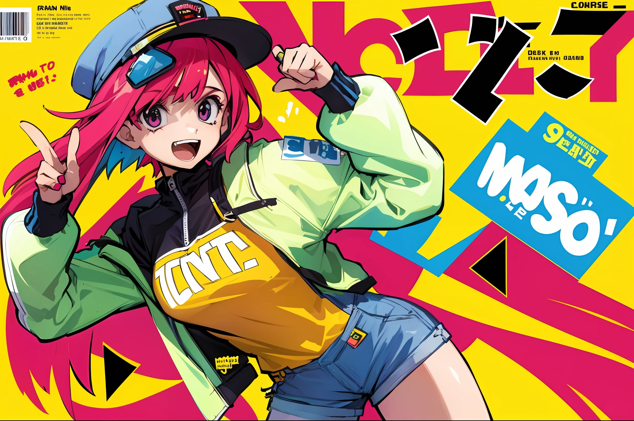 1人の女の子, SFW, キャップ, ショートパンツ, ジャケット, (Magazine cover-style illustration of a ファッションable woman in vibrant outfit posing in front of a colorful and dynamic background. 彼女は自信に満ちた表情でポーズを取っている. 表紙のテキストは太字で注目を集めるものにすべきである, 雑誌のタイトルとキャッチーな見出し. 全体的なスタイルはモダンでトレンディなものでなければならない, with a focus on ファッション and lifestyle), 壁紙, 群衆, ファッション, 対照的な, 女性に焦点を当てる, モデル, いいね