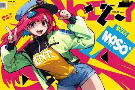 1girl, sfw, cap, shorts, jacket, (Magazine cover-style illustration of a fashionable woman in vibrant outfit posing in front of ...