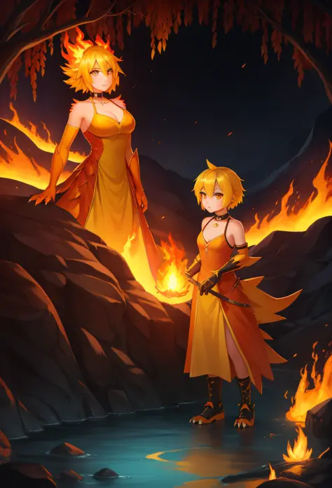 duck, (monster girl), short yellow hair made of flames, fiery, yellow skin, orange spikes, long yellow tail tipped with flame, o...