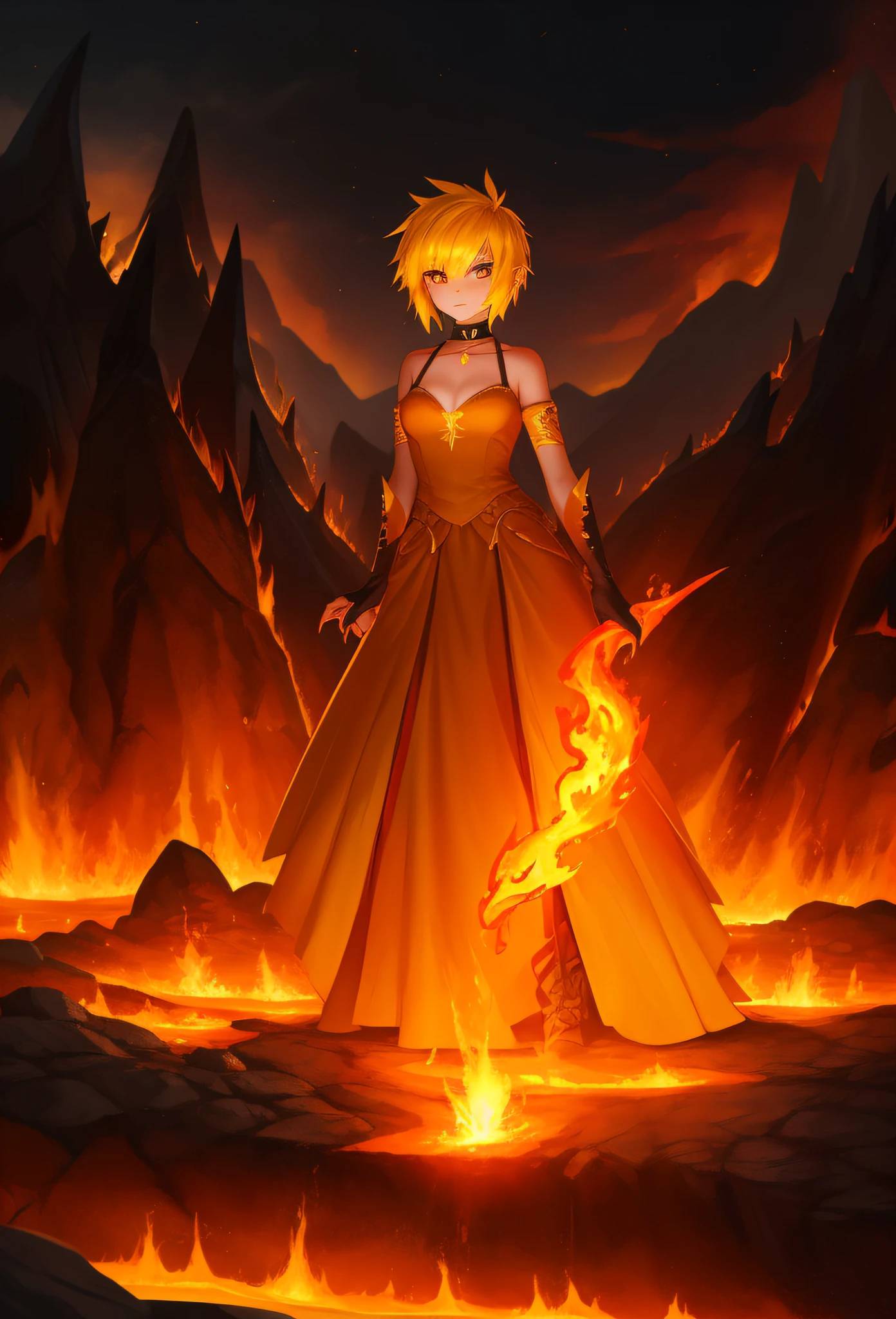 Ente, (monster girl), kurzes gelbes Haar aus Flammen, feurig, gelbe Haut, orangefarbene Spitzen, langer gelber Schwanz mit Flammenspitze, orange feurig dress with fire pattern, orangefarbene Spikehandschuhe, Krallen, schwarzes Halsband, neben einem Lavafluss stehen, Feuer Flammen hinter ihnen, Meisterwerk, beste Qualität