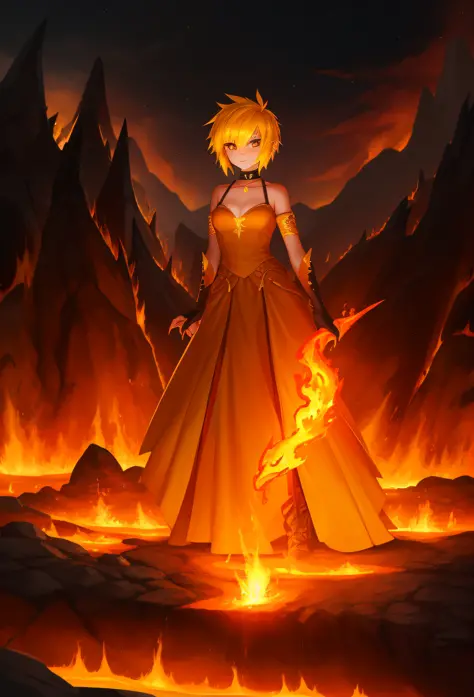 duck, (monster girl), short yellow hair made of flames, fiery, yellow skin, orange spikes, long yellow tail tipped with flame, o...