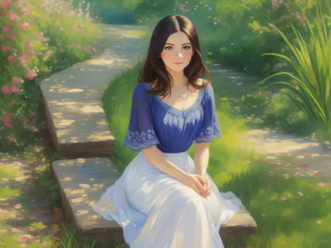 (masterpiece), best quality, impressionism, a beautiful and lively portrait, vibrant colors, soft brushstrokes,(1 person),dark hair, elegant clothing,lovely expression, sitting outdoors in the shade, natural light,greenery in the background, pleasant envir...