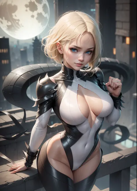 "Long shot", "Ghost Spider standing, in organic white clothing with black emblem, extremely tight bodysuit, big breasts, well defined body, short blonde hair and blue eyes", "she is looking directly at the viewer, clenched fists up, flamboyant position, sh...