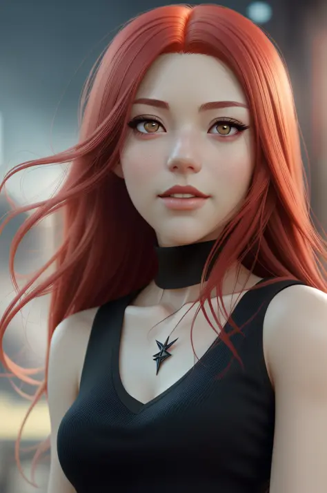 a woman with red hair in front and a black top, realistic art style, 4K realistic digital art, 4K realistic digital art, RossDraws portrait, Guweiz style art, artgerm portrait, 8k artgerm bokeh, realistic anime art style, photorealistic art style, made wit...