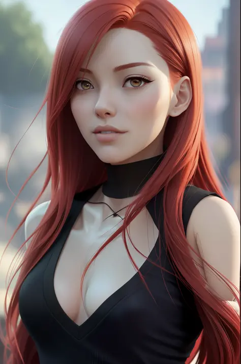 a woman with red hair in front and a black top, realistic art style, 4K realistic digital art, 4K realistic digital art, RossDraws portrait, Guweiz style art, artgerm portrait, 8k artgerm bokeh, realistic anime art style, photorealistic art style, made wit...