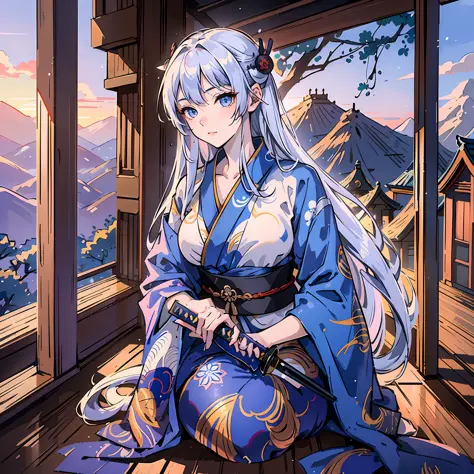 amurai Young woman - adult, blue kimono, long white hair, straight hair, happy and adult face, badass, blue eyes, katana, monastery scenery, sunset, light --RPG style --Medieval Style Fantasy Ultra HD, 8K, masterpiece --auto --s2