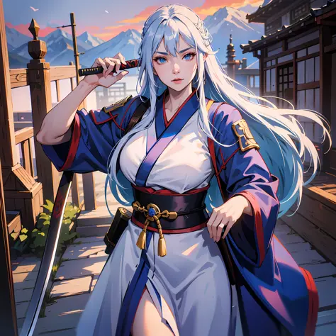 amurai Young woman - adult, blue kimono, long white hair, straight hair, happy and adult face, badass, blue eyes, katana, monastery scenery, sunset, light --RPG style --Medieval Style Fantasy Ultra HD, 8K, masterpiece --s2