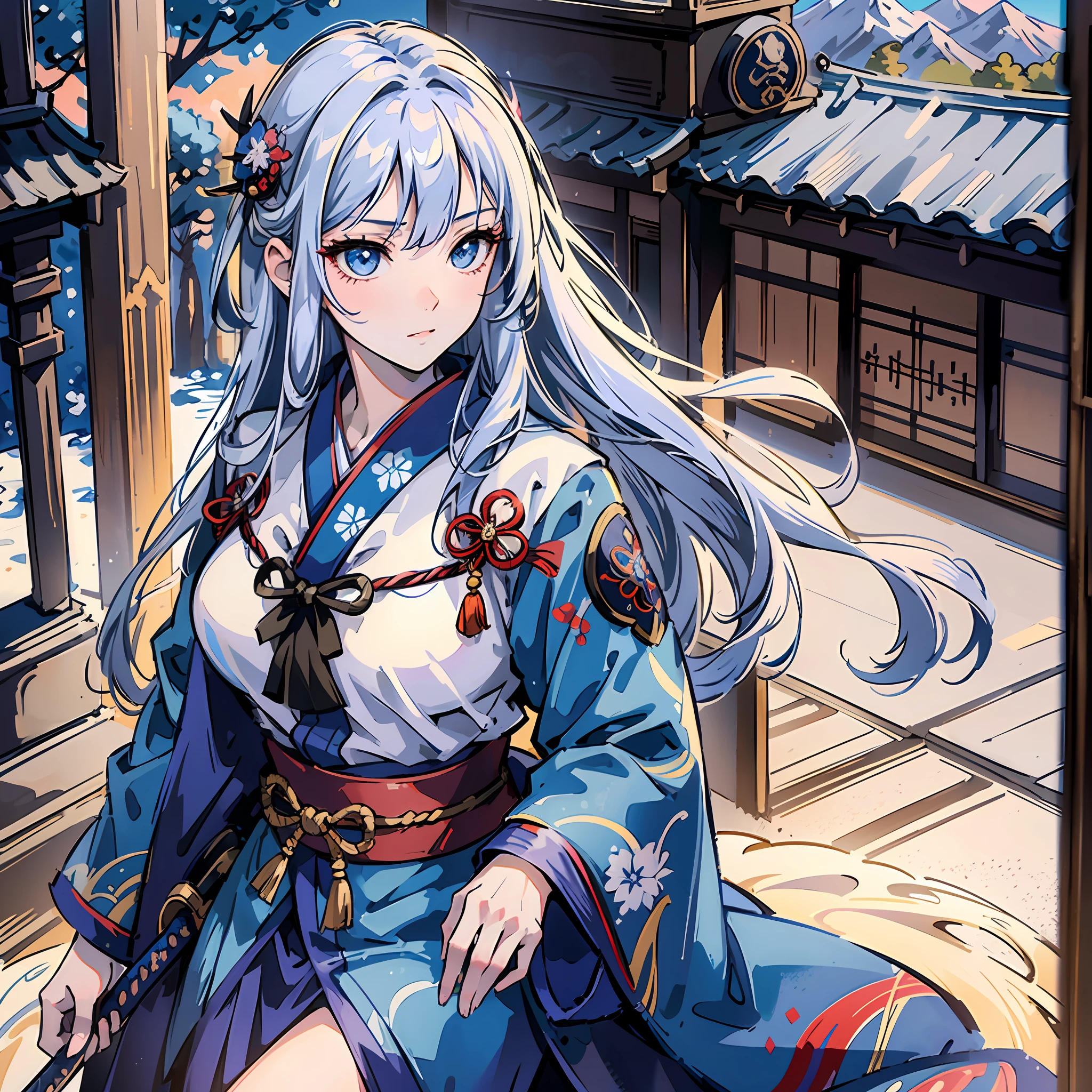amurai Young woman - adult, blue kimono, long white hair, straight hair, happy and adult face, badass, blue eyes, katana, monastery scenery, sunset, light --RPG style --Medieval Style Fantasy Ultra HD, 8K, masterpiece --auto --s2