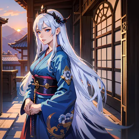 samurai Young woman - adult, blue kimono, long white hair, straight hair, happy and adult face, rich, arrogant, badass, blue eyes, katana, monastery scenery, sunset, light --RPG style --Fantasy medieval style Ultra HD, 8K, masterpiece --s2
