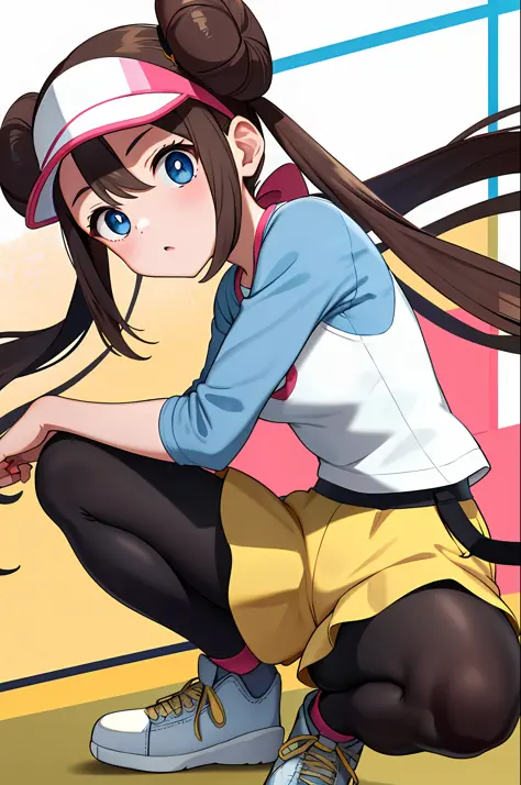 masterpiece, Top quality, High Definition, RO1, Hair bun, Blue eyes, Twin tails, Visor cap, Pantyhose, Raglan sleeves, Yellow sh...